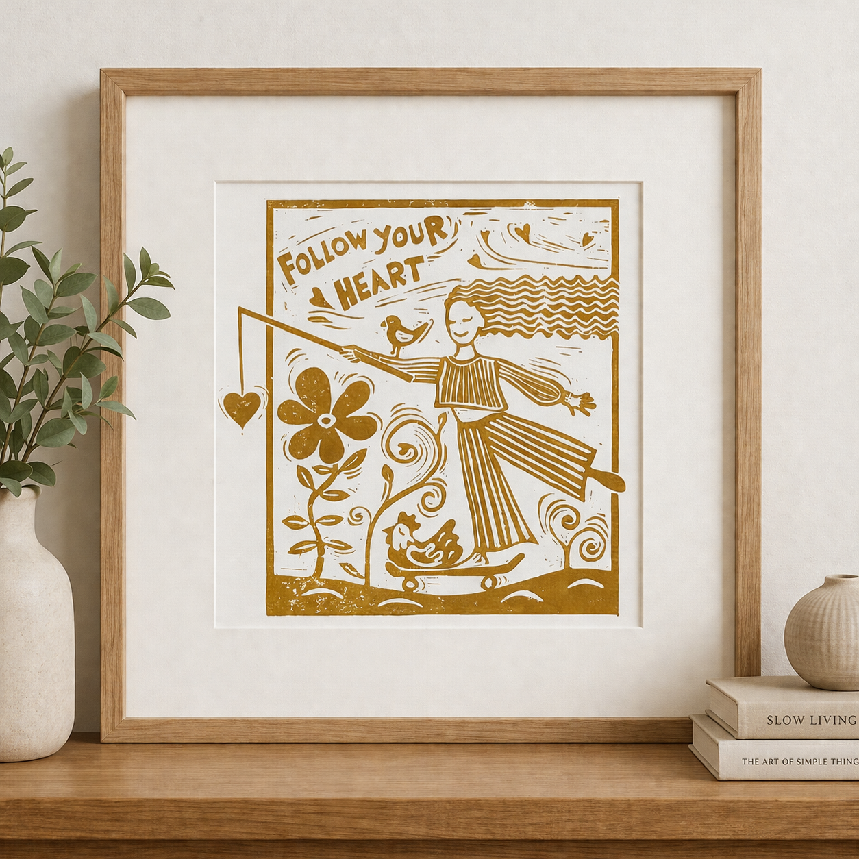 ‘Follow Your Heart’ Linocut Print – Inspirational Quote Wall Art, Folk Botanical Design
