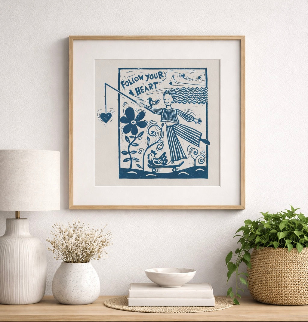 ‘Follow Your Heart’ Linocut Print – Inspirational Quote Wall Art, Folk Botanical Design