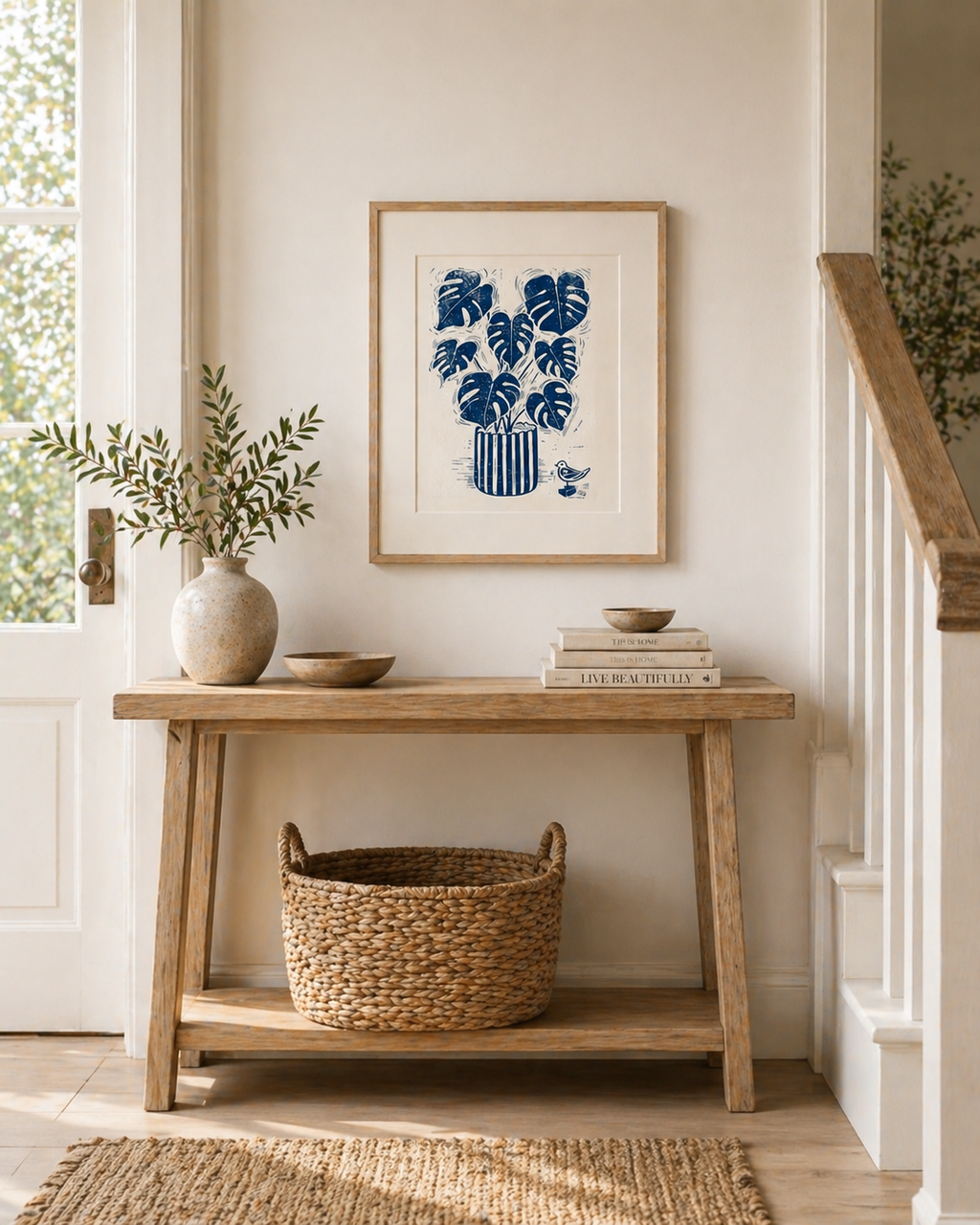 Plants & Cheese – Hand-Carved Linocut Print | Monstera Botanical Wall Art, A4