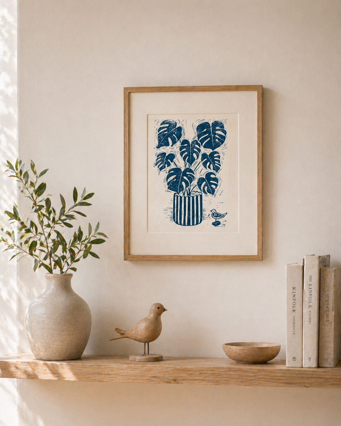 Plants & Cheese – Hand-Carved Linocut Print | Monstera Botanical Wall Art, A4