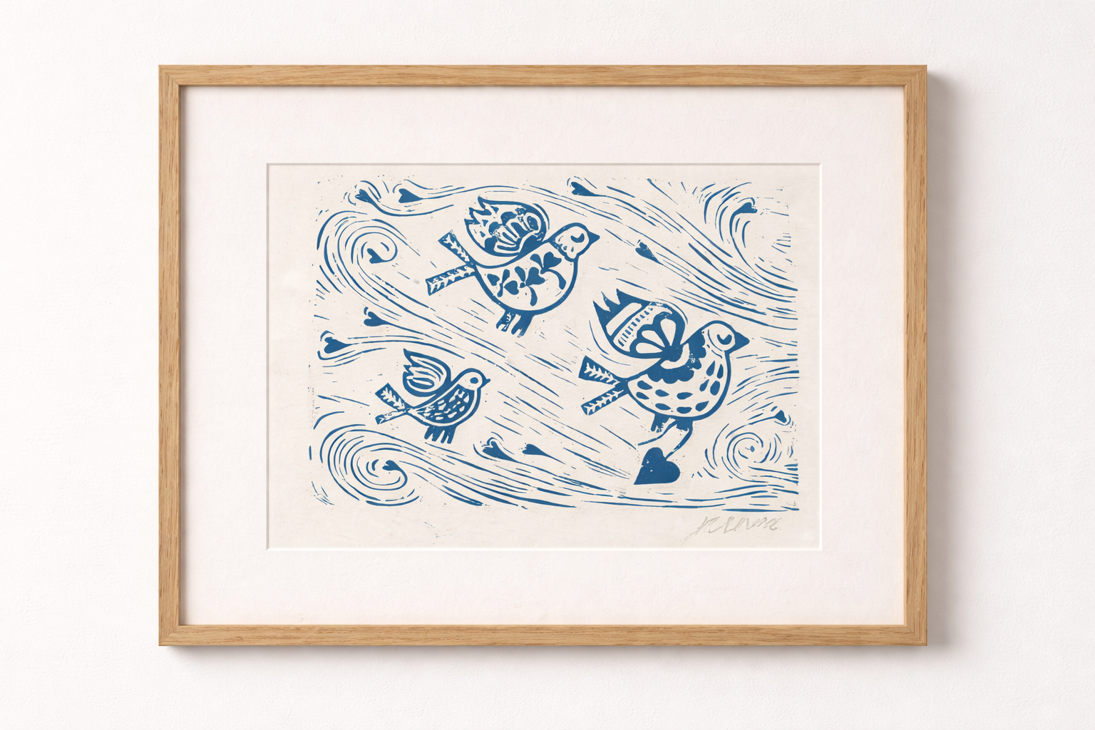 Three Little Birds Linocut Print – Handcrafted Nature Wall Art