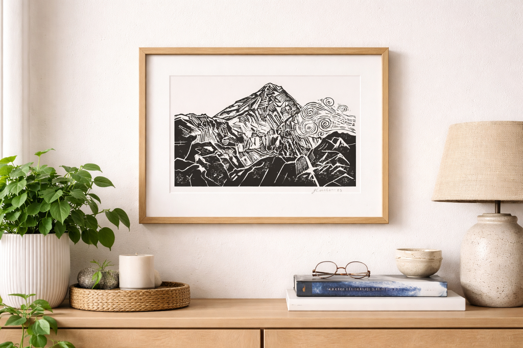 Handmade, Linocut, Motivational, Landscape, Print ‘Mountain Top’