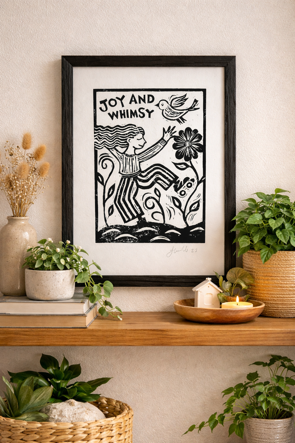 'Joy and Whimsy' Linocut Print – Inspirational Quote Wall Art
