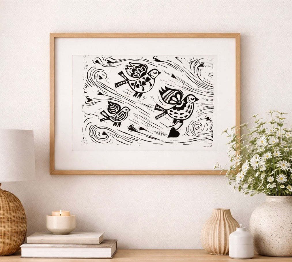 Three Little Birds Linocut Print – Handcrafted Nature Wall Art