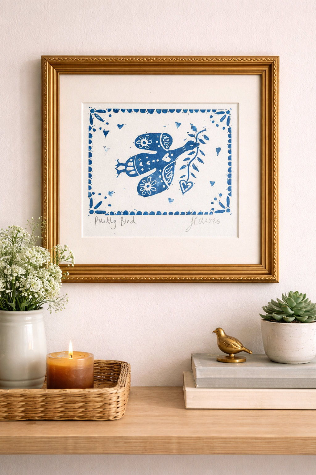 Handmade, Linocut, ‘Pretty Bird’ (or Silly Goose) Print