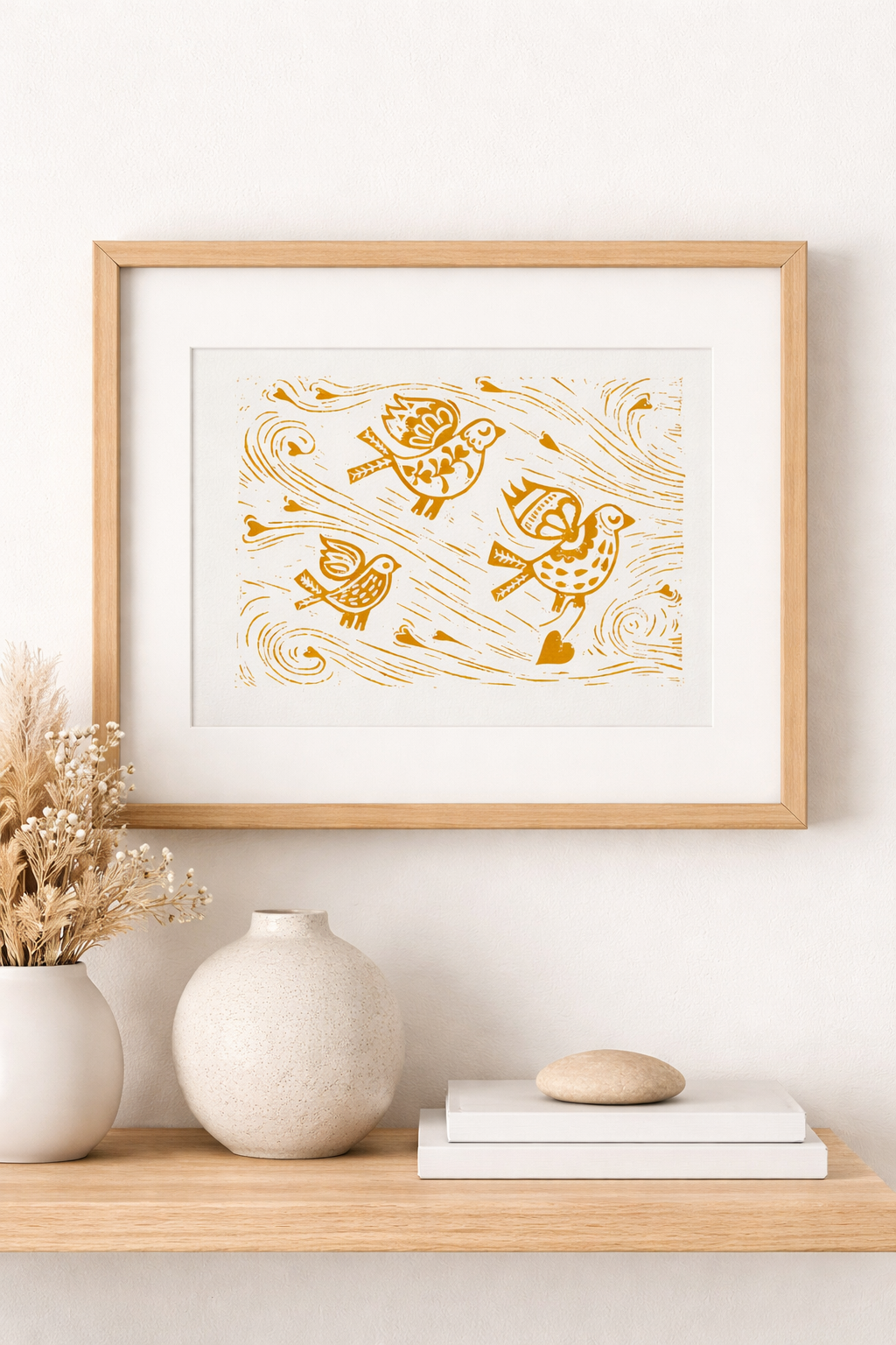 Three Little Birds Linocut Print – Handcrafted Nature Wall Art