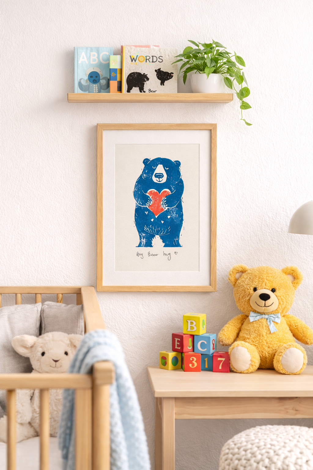 Handmade, Linocut, Nursery, Childs Bedroom or Playroom, Cute Print ‘Big Bear Hug’