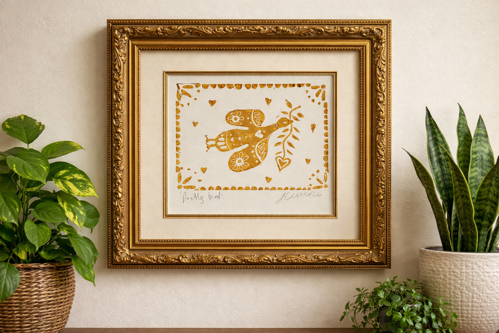 Handmade, Linocut, ‘Pretty Bird’ (or Silly Goose) Print