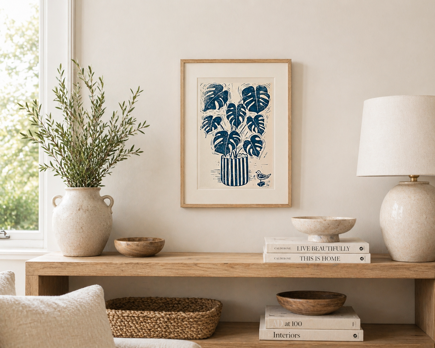 Plants & Cheese – Hand-Carved Linocut Print | Monstera Botanical Wall Art, A4