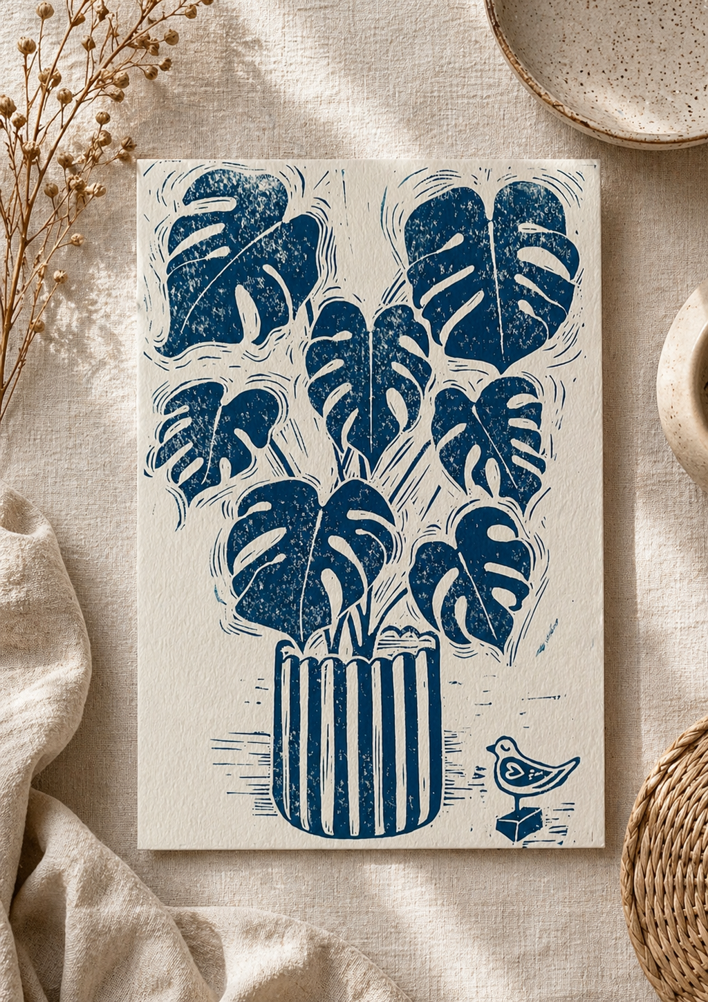 Plants & Cheese – Hand-Carved Linocut Print | Monstera Botanical Wall Art, A4