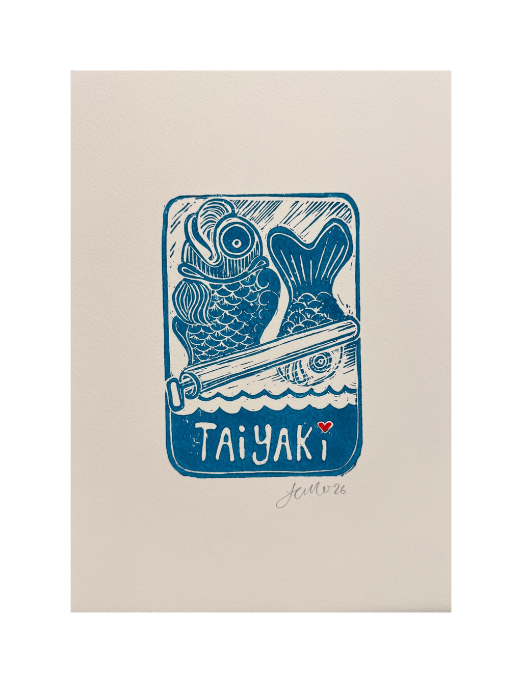 Handmade, Linocut, Kitchen or Dining Print, 'Little Fishes of Joy'