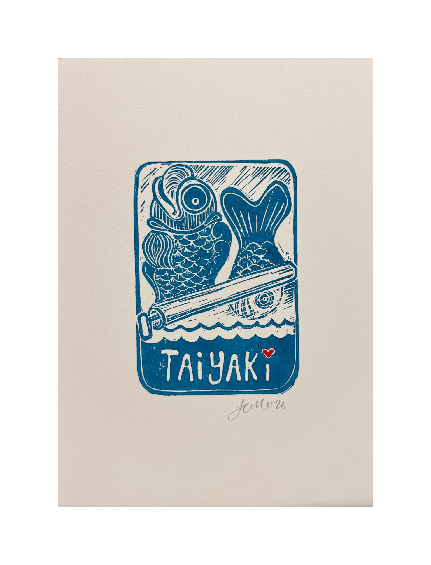 Handmade, Linocut, Kitchen or Dining Print, 'Little Fishes of Joy'