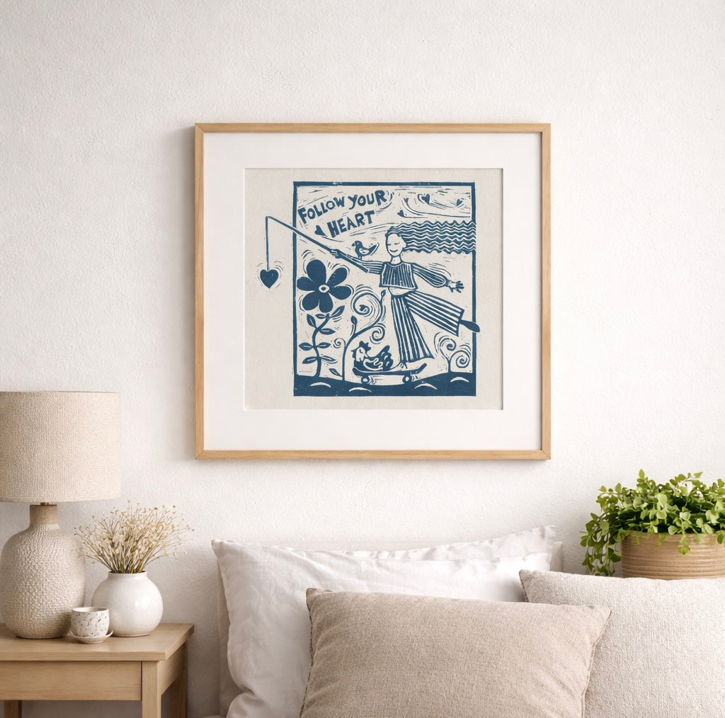 ‘Follow Your Heart’ Linocut Print – Inspirational Quote Wall Art, Folk Botanical Design