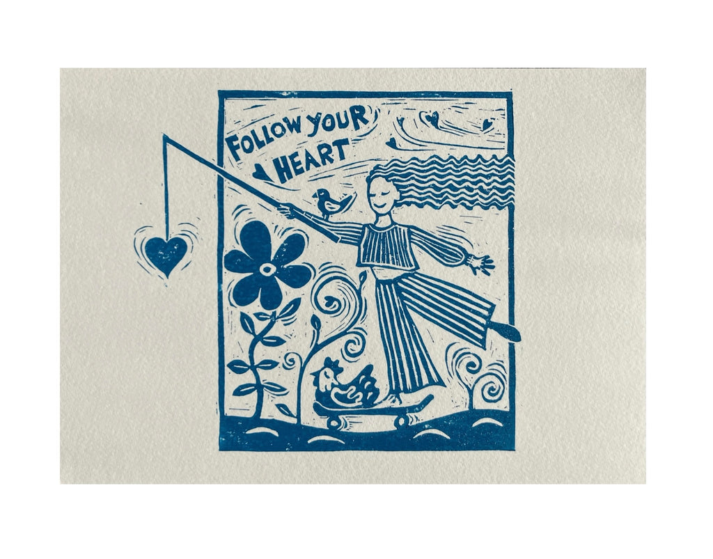 ‘Follow Your Heart’ Linocut Print – Inspirational Quote Wall Art, Folk Botanical Design