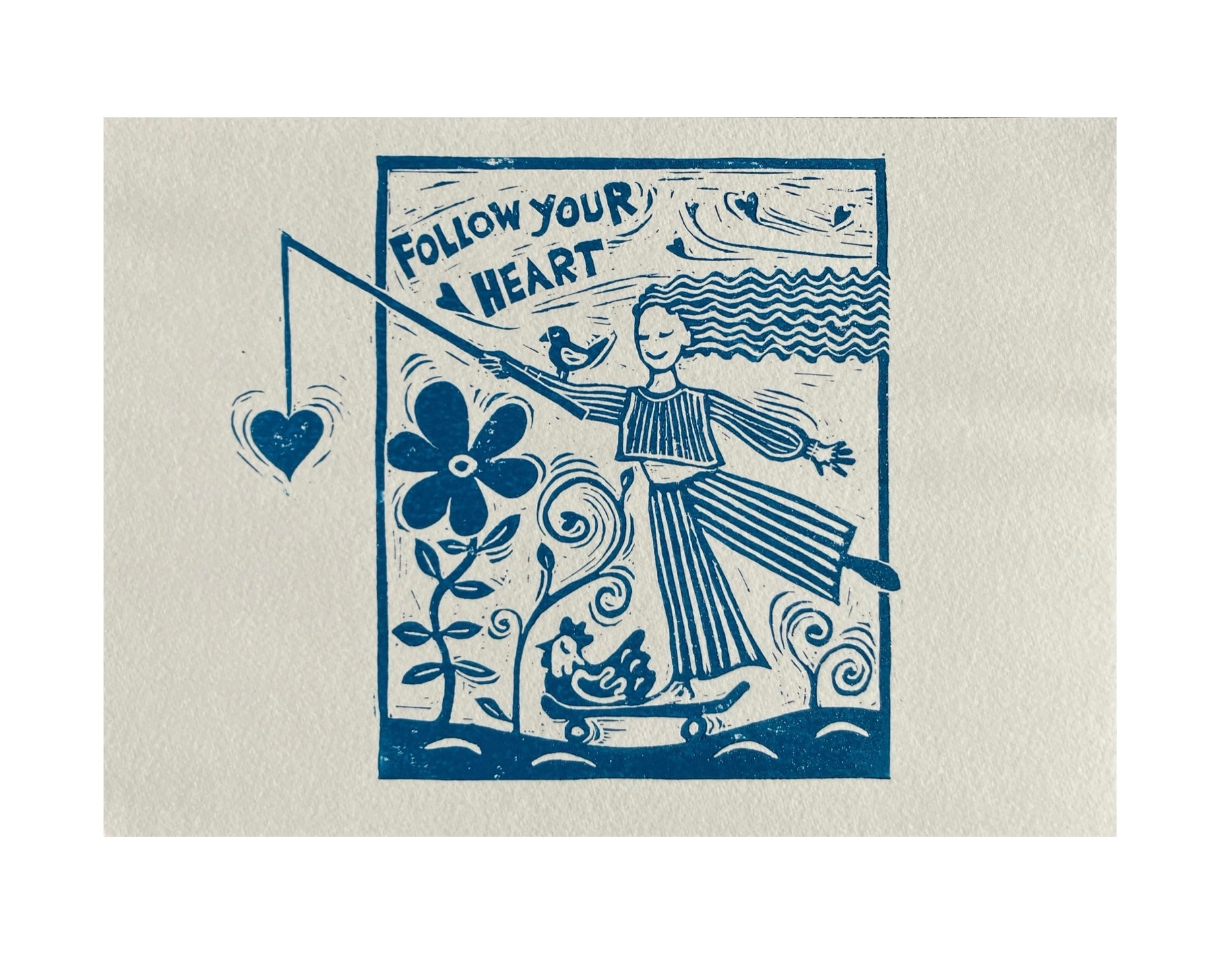‘Follow Your Heart’ Linocut Print – Inspirational Quote Wall Art, Folk Botanical Design