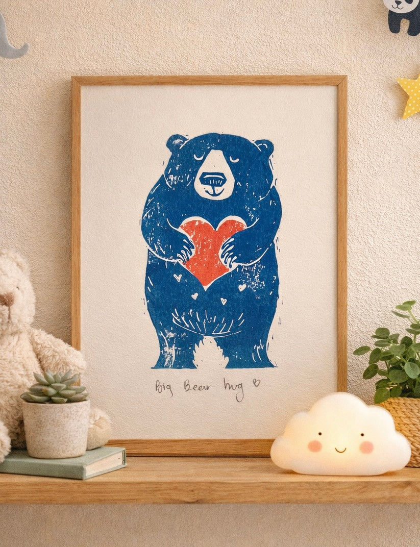 Handmade, Linocut, Nursery, Childs Bedroom or Playroom, Cute Print ‘Big Bear Hug’