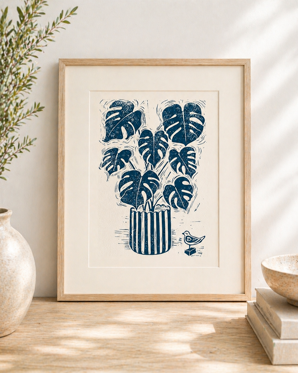 Plants & Cheese – Hand-Carved Linocut Print | Monstera Botanical Wall Art, A4