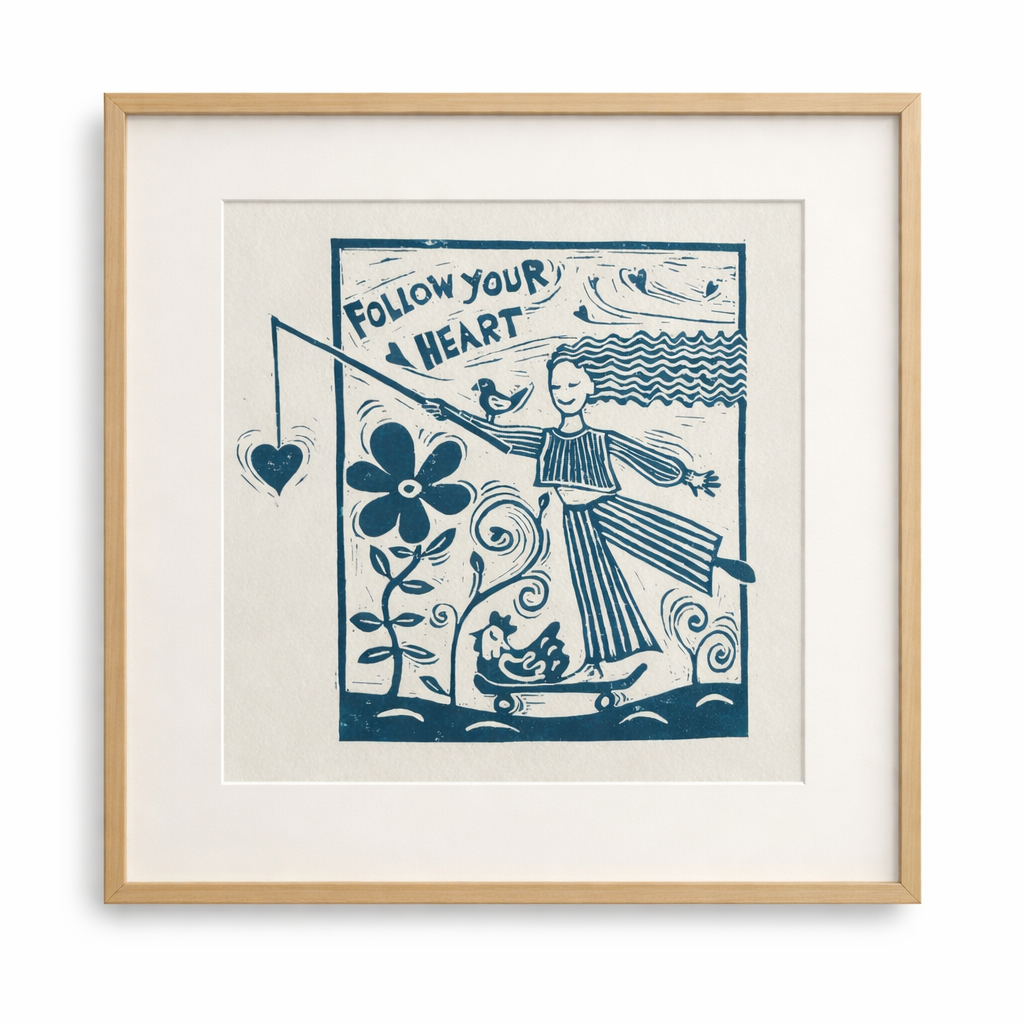 ‘Follow Your Heart’ Linocut Print – Inspirational Quote Wall Art, Folk Botanical Design