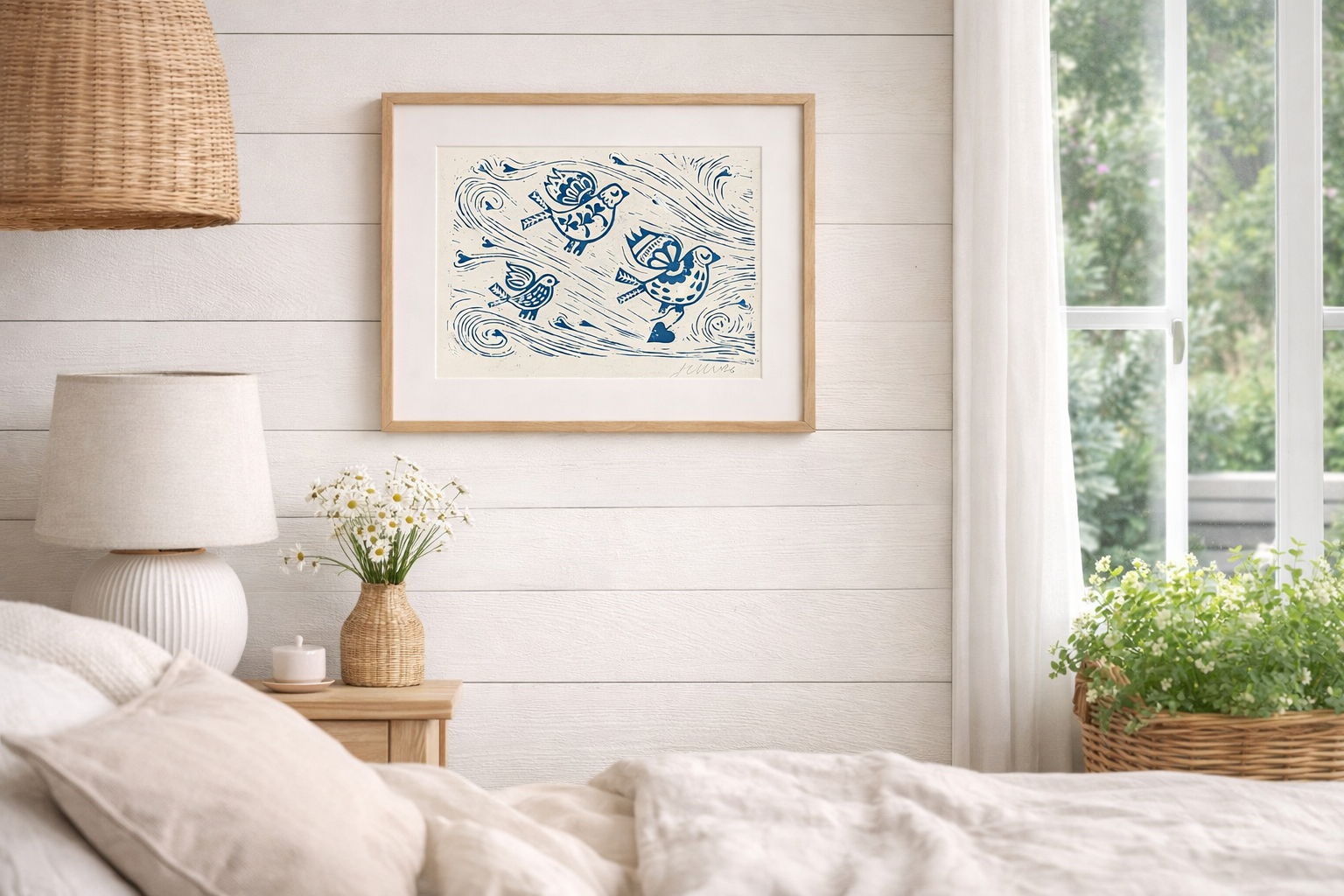 Three Little Birds Linocut Print – Handcrafted Nature Wall Art