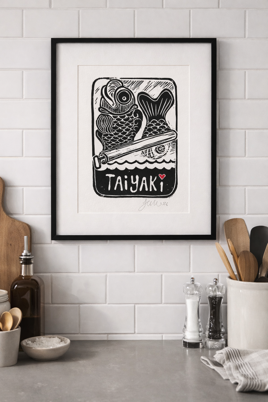 Handmade, Linocut, Kitchen or Dining Print, 'Little Fishes of Joy'