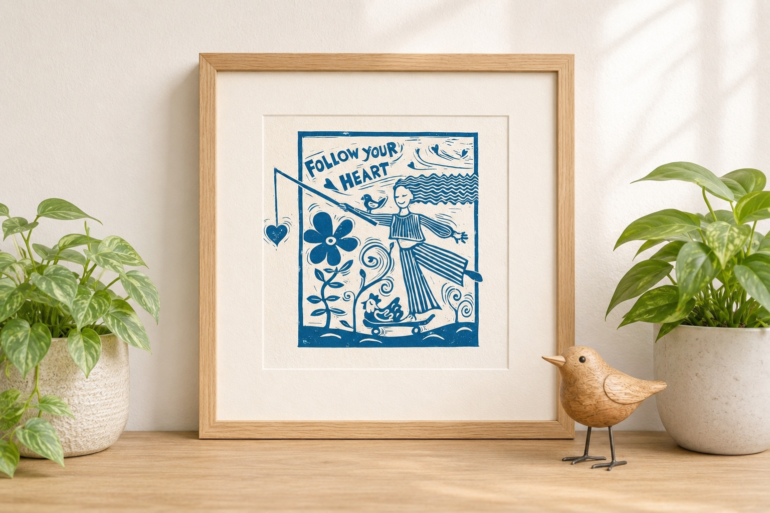 ‘Follow Your Heart’ Linocut Print – Inspirational Quote Wall Art, Folk Botanical Design