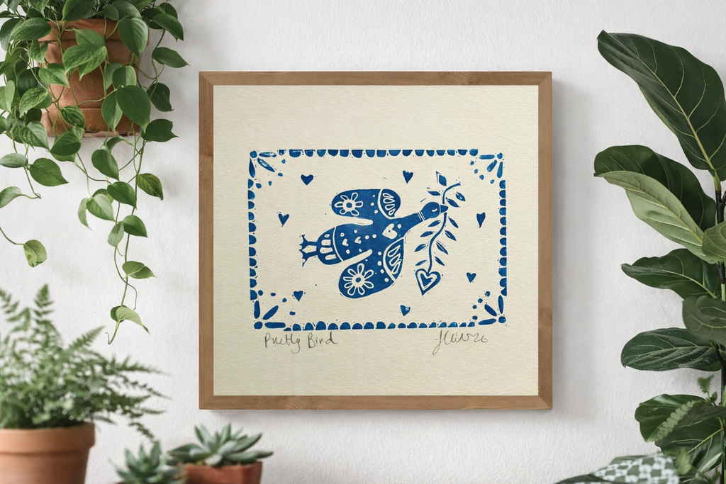 Handmade, Linocut, ‘Pretty Bird’ (or Silly Goose) Print