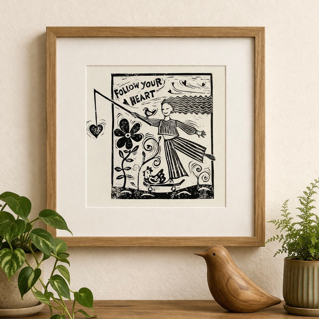 ‘Follow Your Heart’ Linocut Print – Inspirational Quote Wall Art, Folk Botanical Design