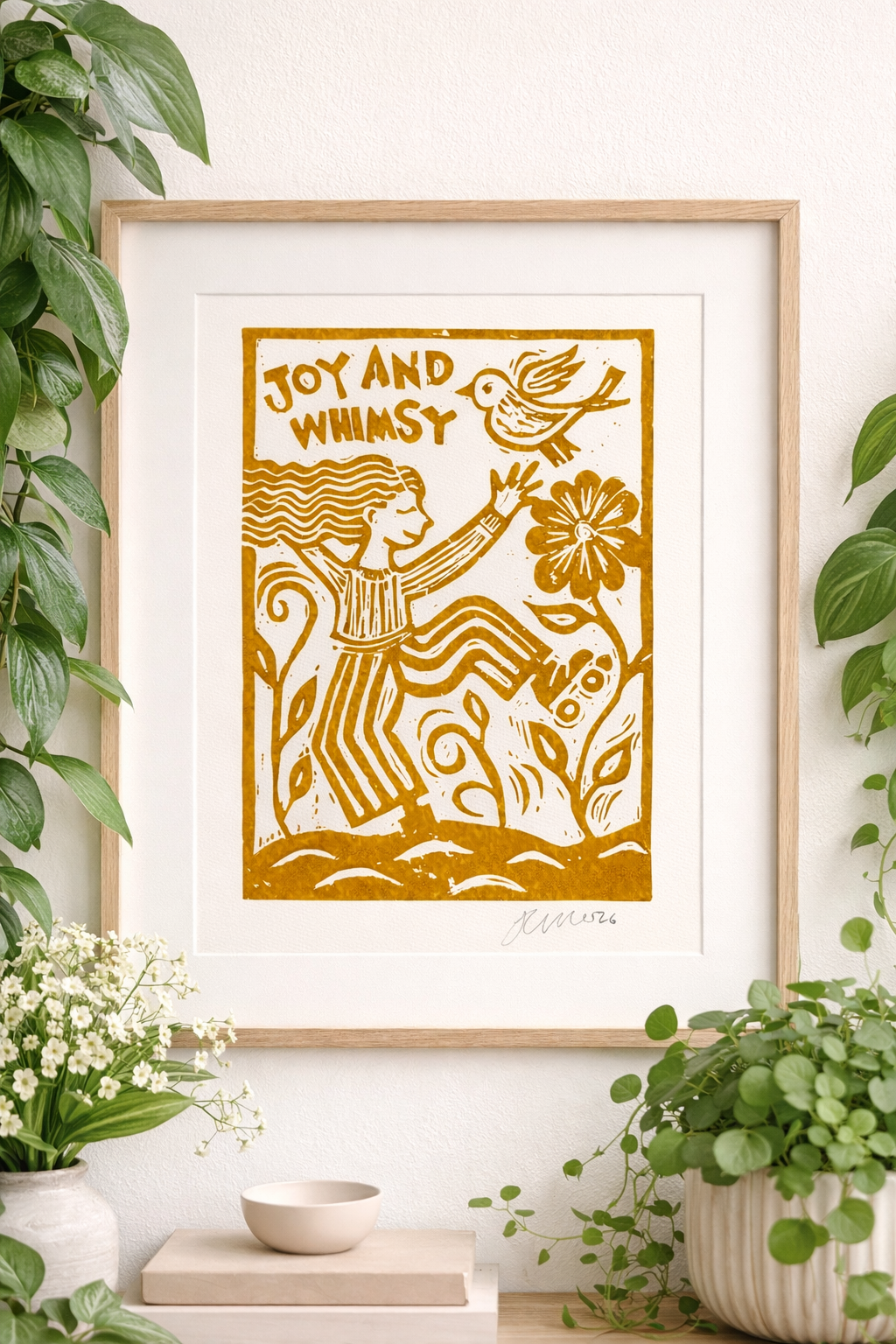 'Joy and Whimsy' Linocut Print – Inspirational Quote Wall Art