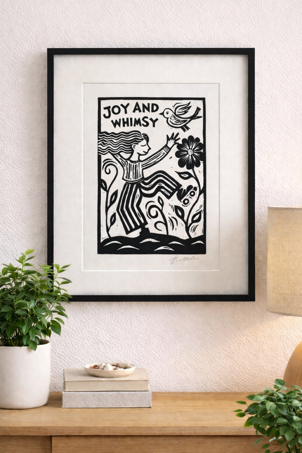 'Joy and Whimsy' Linocut Print – Inspirational Quote Wall Art