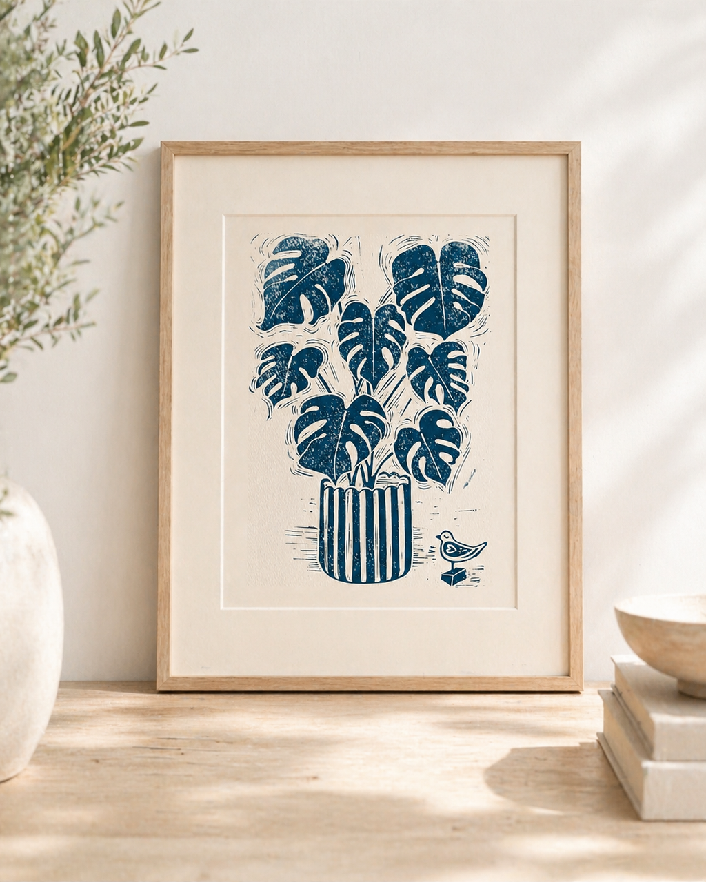 Plants & Cheese – Hand-Carved Linocut Print | Monstera Botanical Wall Art, A4