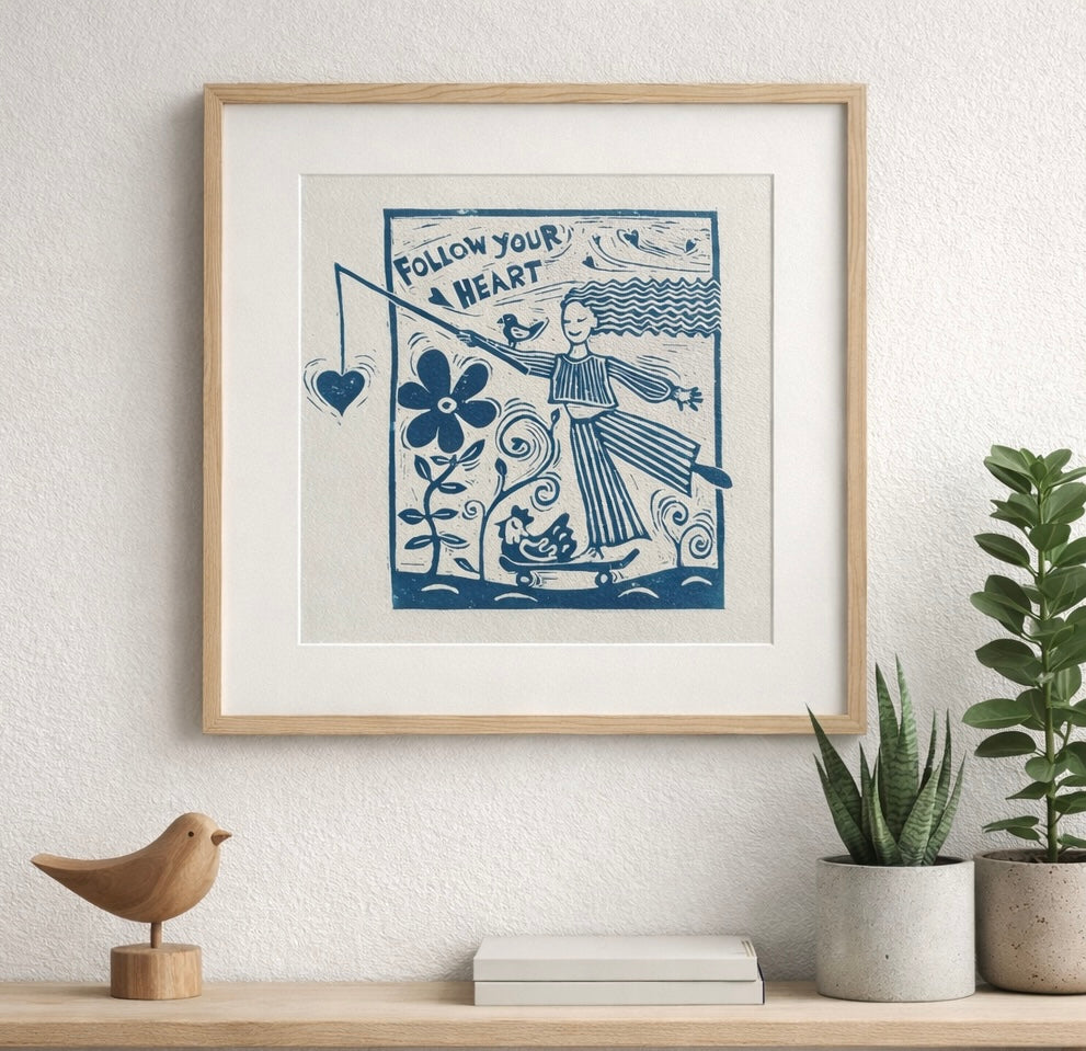 ‘Follow Your Heart’ Linocut Print – Inspirational Quote Wall Art, Folk Botanical Design