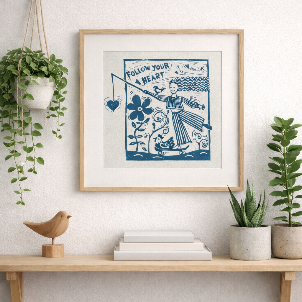 ‘Follow Your Heart’ Linocut Print – Inspirational Quote Wall Art, Folk Botanical Design