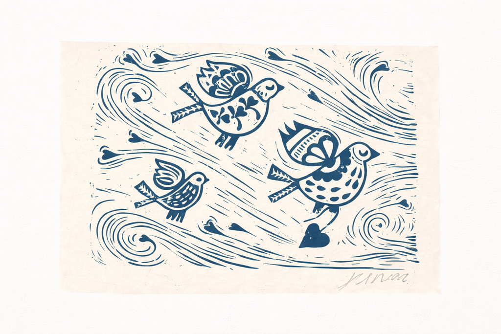 Three Little Birds Linocut Print – Handcrafted Nature Wall Art