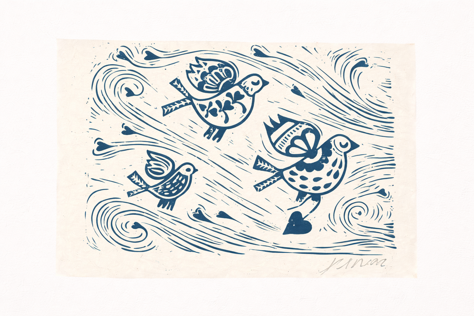 Three Little Birds Linocut Print – Handcrafted Nature Wall Art