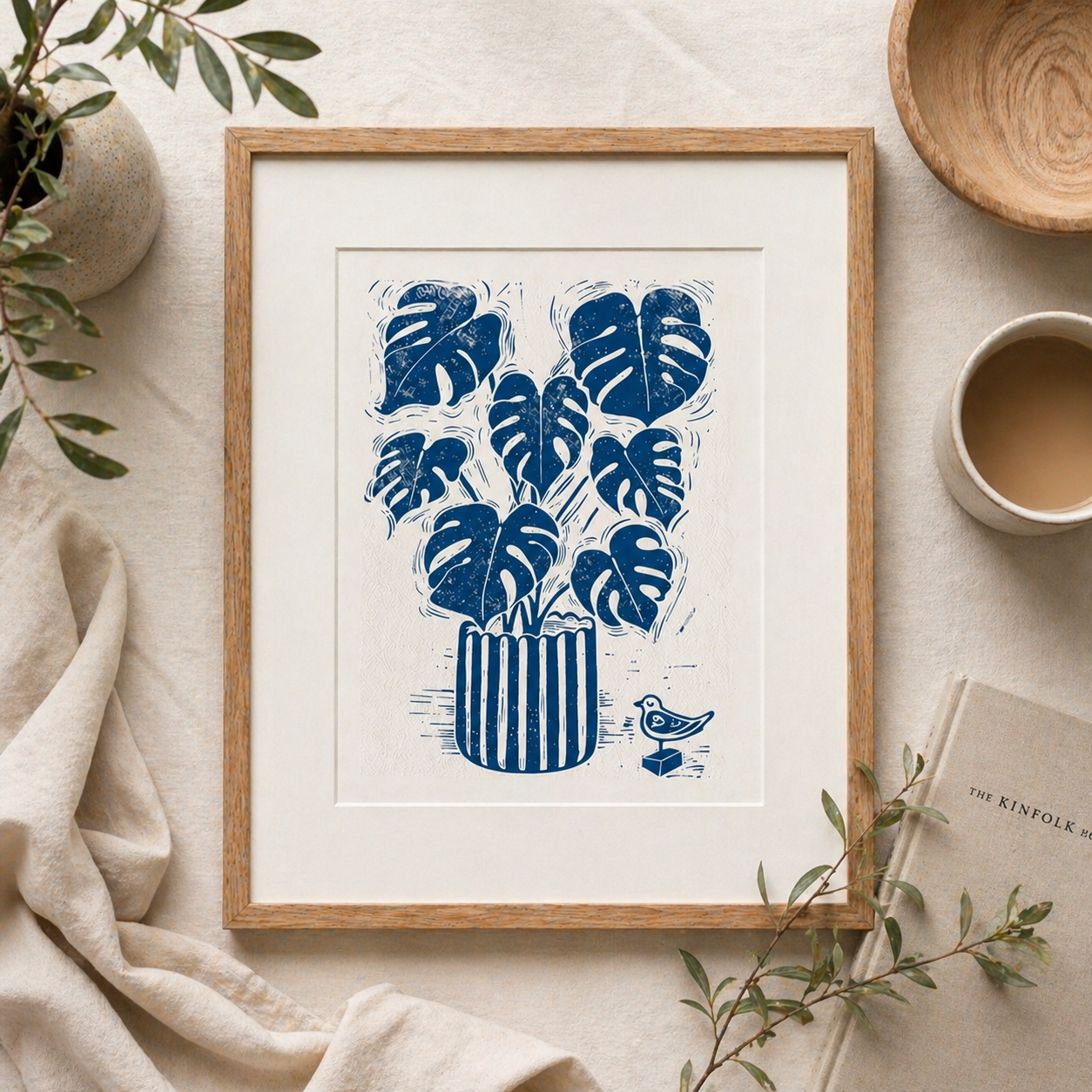 Plants & Cheese – Hand-Carved Linocut Print | Monstera Botanical Wall Art, A4