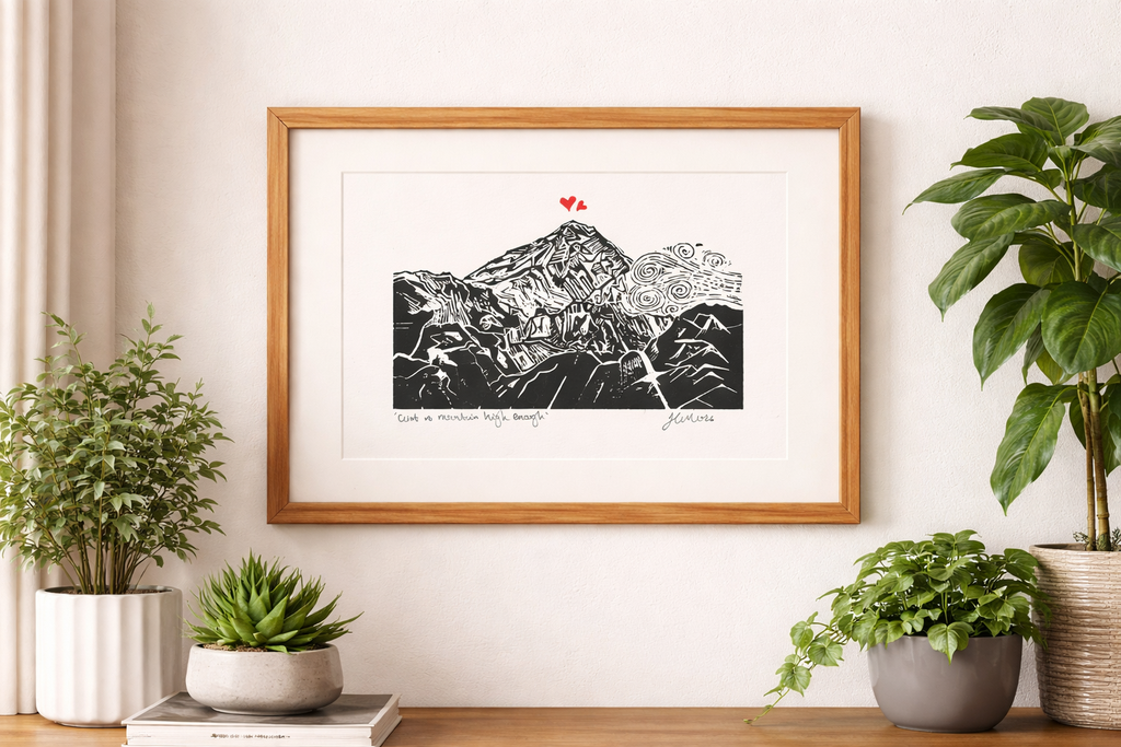 Handmade, Linocut, Inspirational, Landscape Print 'Ain't no Mountain High Enough'