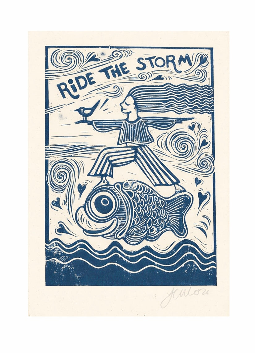 Handmade, Inspirational, Linocut Print ‘Ride The Storm’