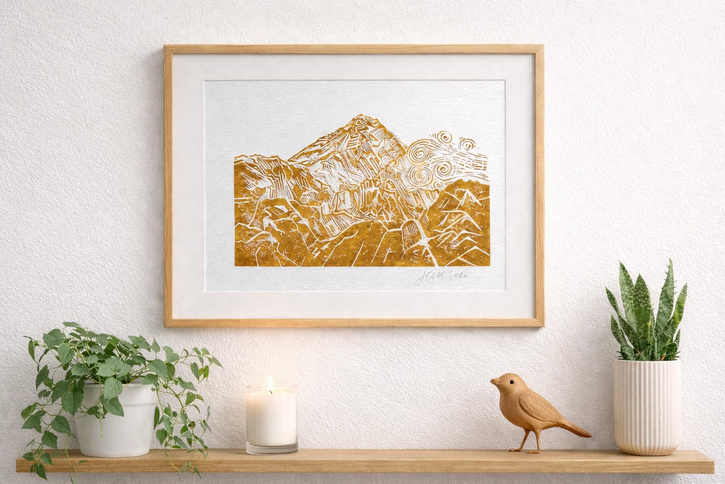'Mountain Top' Linocut Print – Mountain Landscape Wall Art