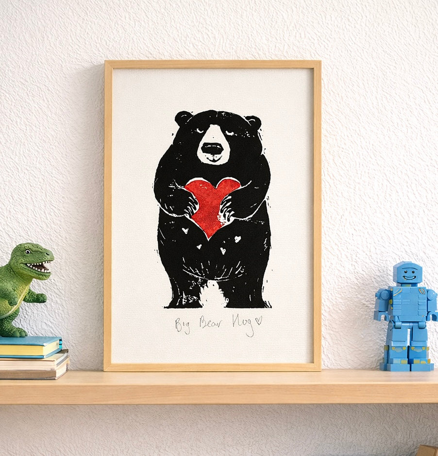 Handmade, Linocut, Nursery, Childs Bedroom or Playroom, Cute Print ‘Big Bear Hug’