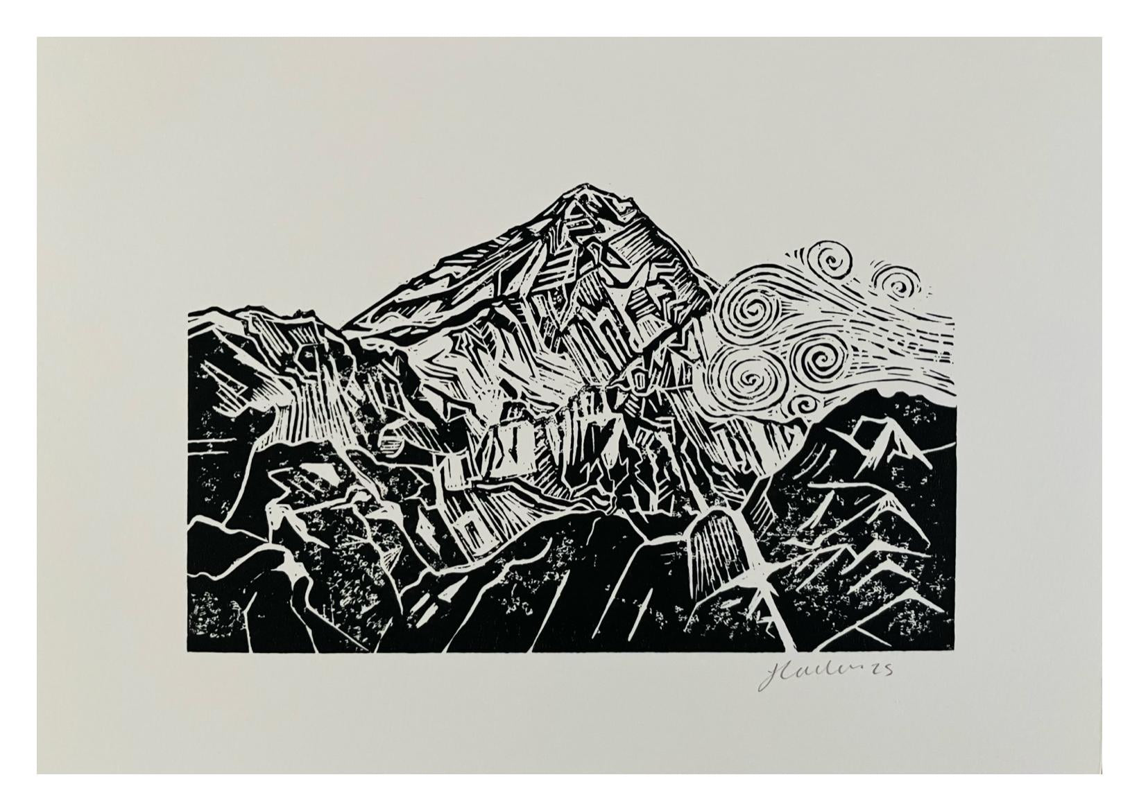 Handmade, Linocut, Motivational, Landscape, Print ‘Mountain Top’