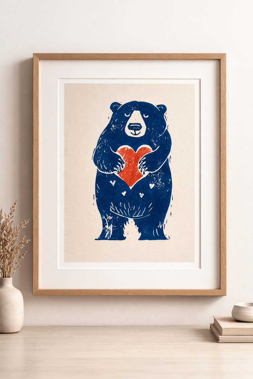 Handmade, Linocut, Nursery, Childs Bedroom or Playroom, Cute Print ‘Big Bear Hug’