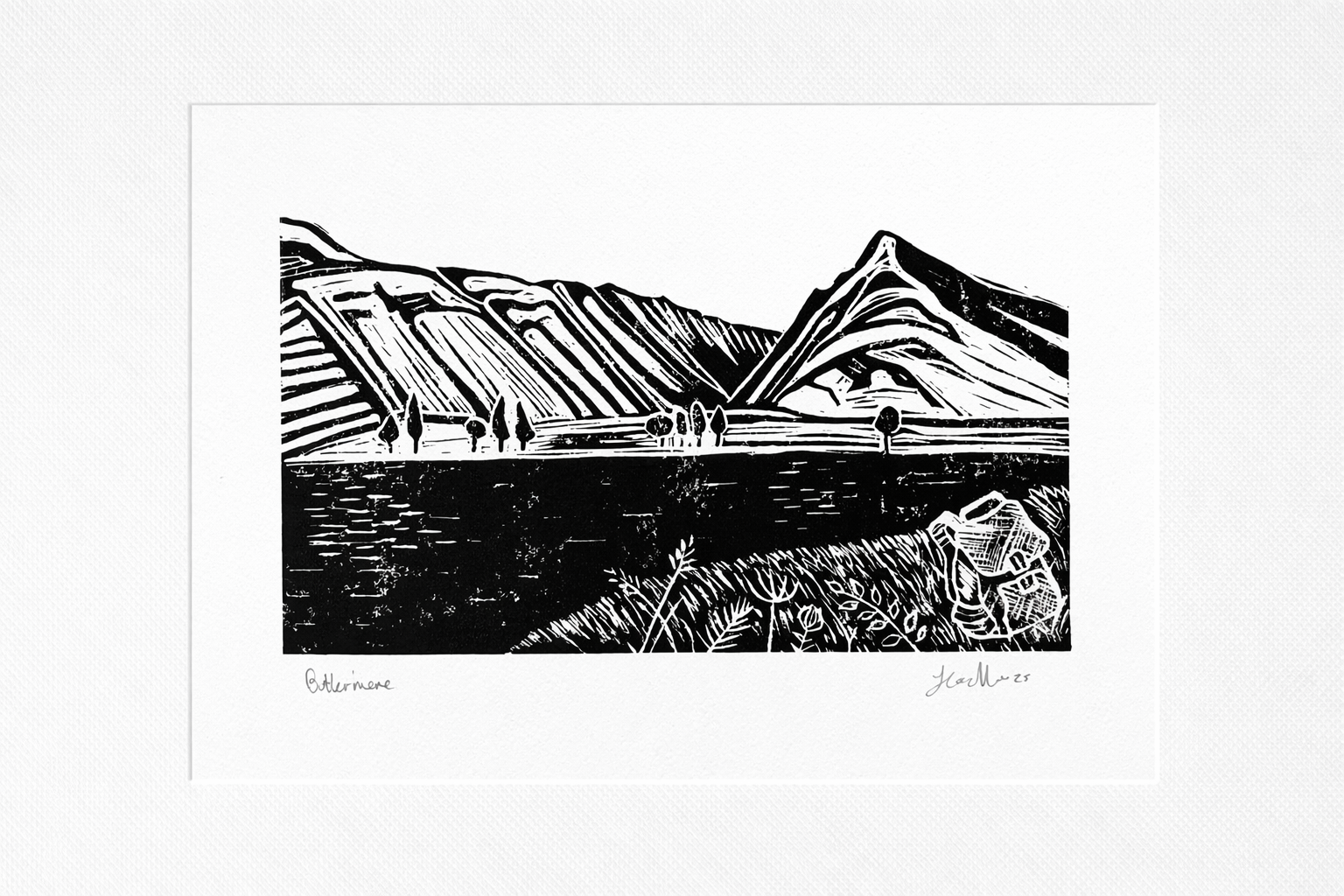 Handmade, Linocut, Landscape Print of Beautiful ‘Lake Buttermere’