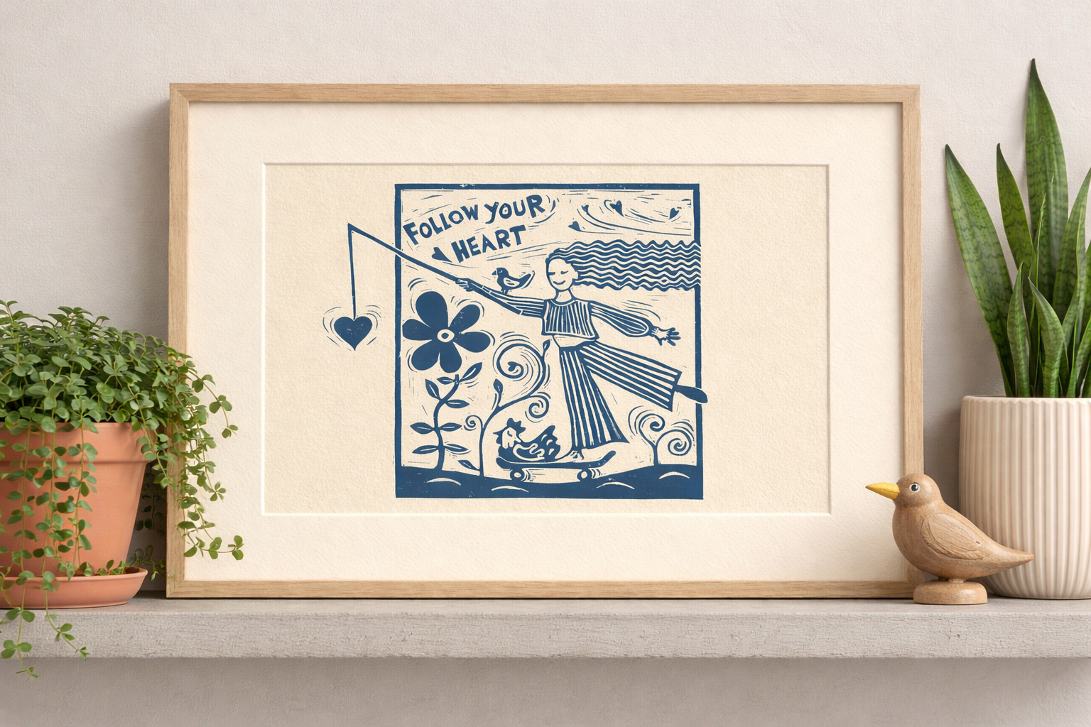 ‘Follow Your Heart’ Linocut Print – Inspirational Quote Wall Art, Folk Botanical Design
