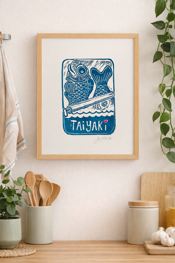 'Little Fishes of Joy' Taiyaki Linocut Print – Kitchen Wall Art Food Illustration