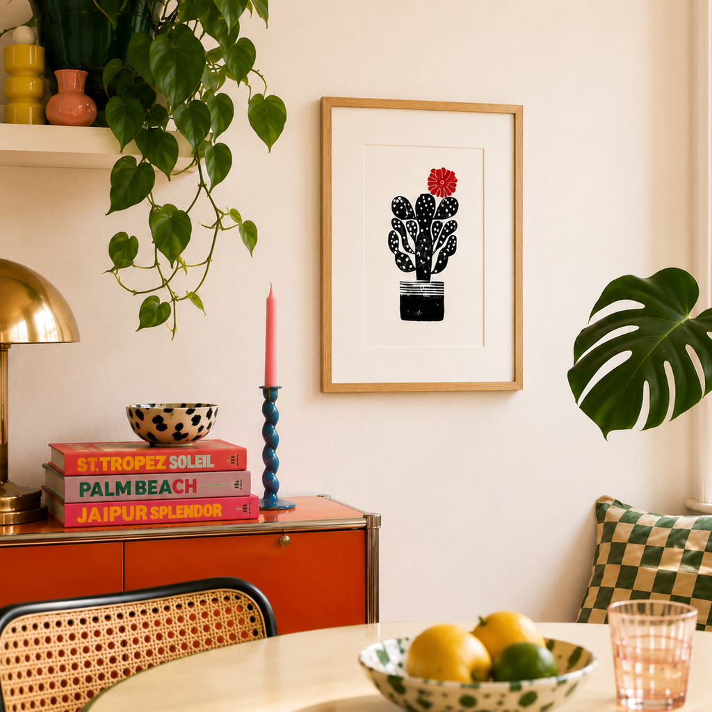 handmade linocut print of a cactus with a flower in black and red ink, A4 size, signed artwork framed on a wall in a bright vibrant dining room