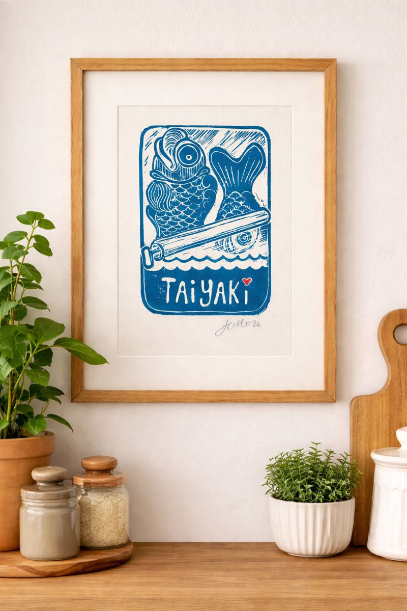 Handmade, Linocut, Kitchen or Dining Print, 'Little Fishes of Joy'