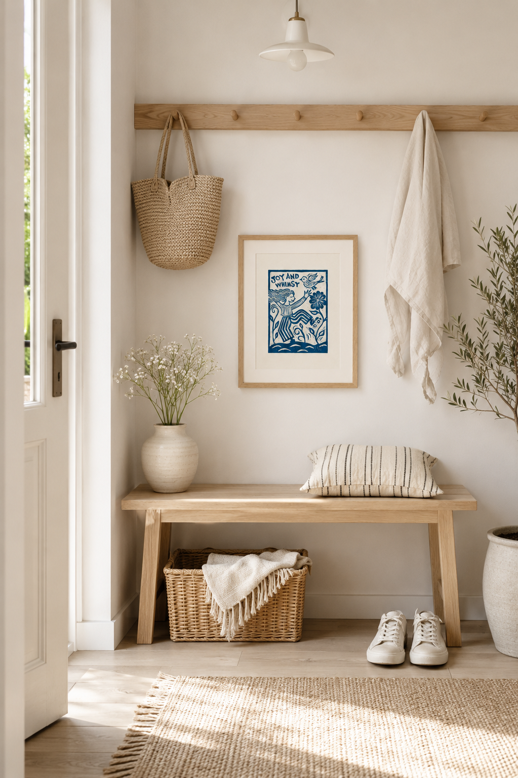 Nestled corner of a room with a wooden bench, basket, and plant.