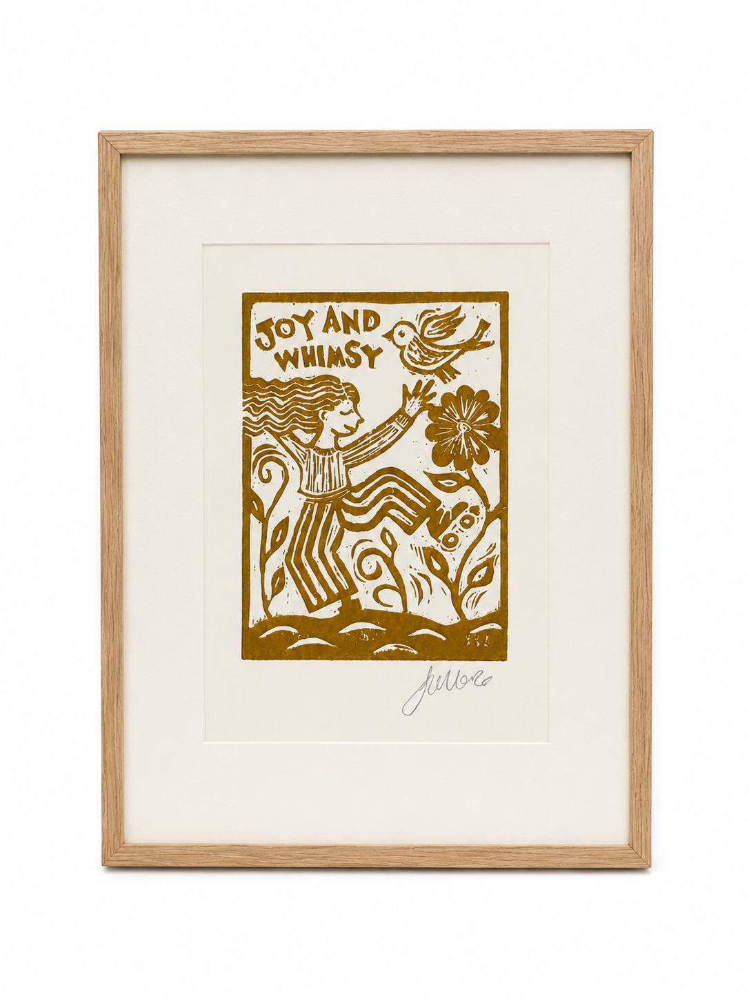 Framed artwork with a stylized illustration of a woman, flowers, and text 'Joy and Whimsy' on a white background.
