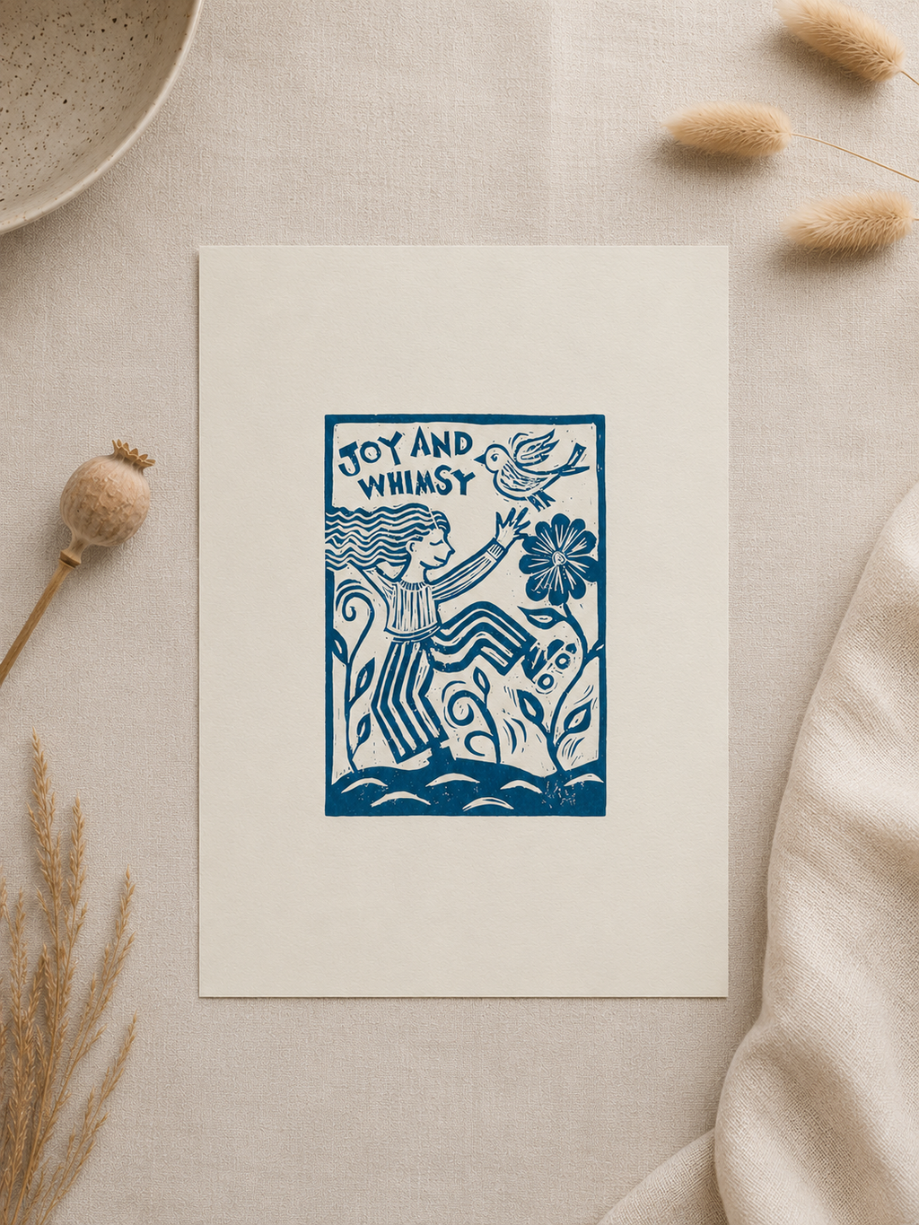 Blue and white illustration of a lady with flowers and text on a beige background