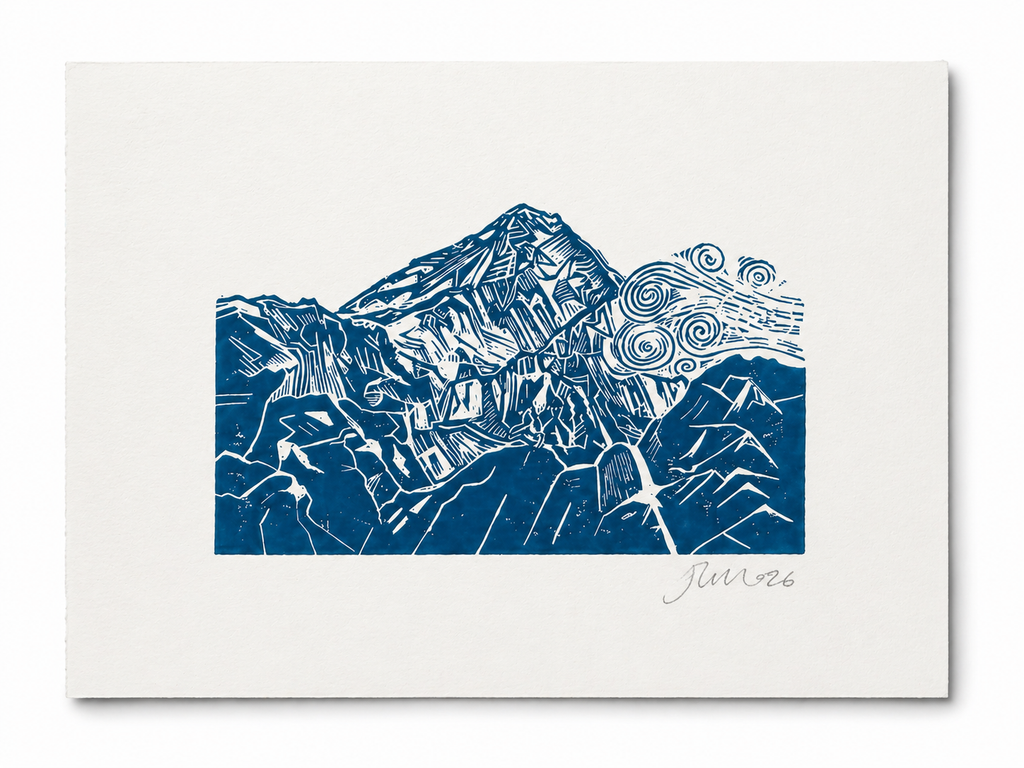'Mountain Top' Linocut Print – Mountain Landscape Wall Art